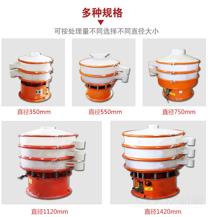 塑料振動篩不同篩分直徑進行展示:350,550,750,1120,1420等。