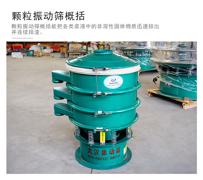 顆粒式振動篩是針對顆粒狀物料進行研發(fā)的，由于顆粒的形狀有很多的不同所以，廠家在清網(wǎng)裝置方面進行提升效率。