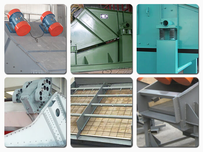 礦用振動篩主要由激振器、篩體、篩網、減振裝置及座架等組成。篩箱由篩框、篩板、襯板等組成