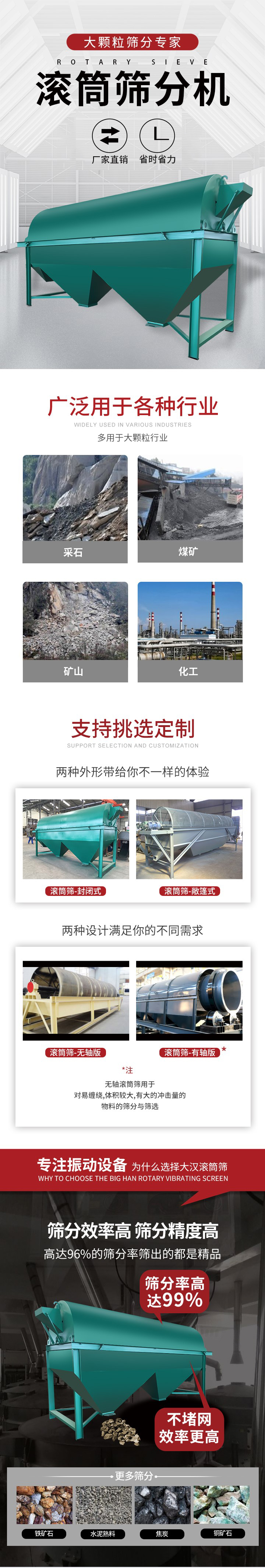 滾筒篩分機大顆粒篩分專家：廠家直銷，省時省力。滾筒篩被廣泛應用各種行業(yè)：多用于大顆粒行業(yè)例如：采石，煤礦，礦山，化工等。滾筒篩定制類型有哪些：封閉式與敞篷式產(chǎn)品結(jié)構(gòu)分為：無軸式，有軸式兩種，無軸滾筒篩用于對纏繞，體積較大，有大的沖擊量的物料的篩分與篩選。滾筒篩篩分效率高篩分精度能夠達到：96%也比較適用于鐵礦石，水泥熟料，焦炭，銅礦石。滾筒篩特點：不飛粉末：密封隔離罩，密封性好，工作過程不會出現(xiàn)飛粉現(xiàn)象。外型尺寸是按筒體長計