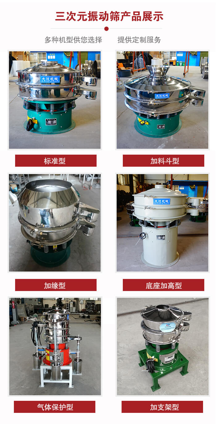 三次元振動(dòng)篩不同結(jié)構(gòu)展示:標(biāo)準(zhǔn)型,加料斗型,加緣型,底座加高型,氣體保護(hù)型,加支架型。